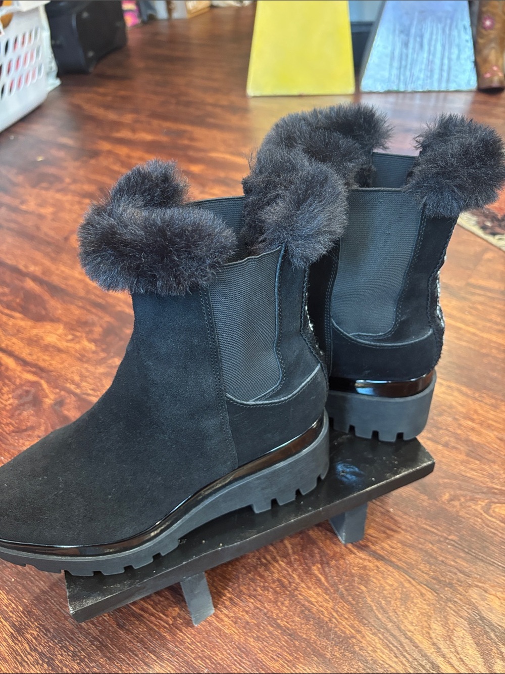 DKNYC Black Suede Faux Fur-Trim Chelsea Lug Boots